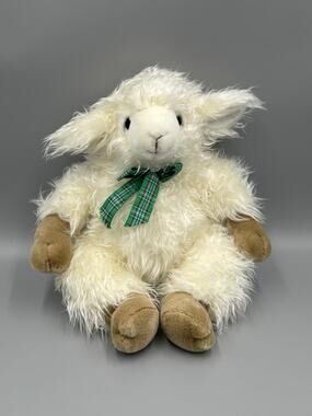 Vtg 1991 Mary Meyer Lamb Plush 12” Shaggy Stuffed Animal Green Plaid Bow